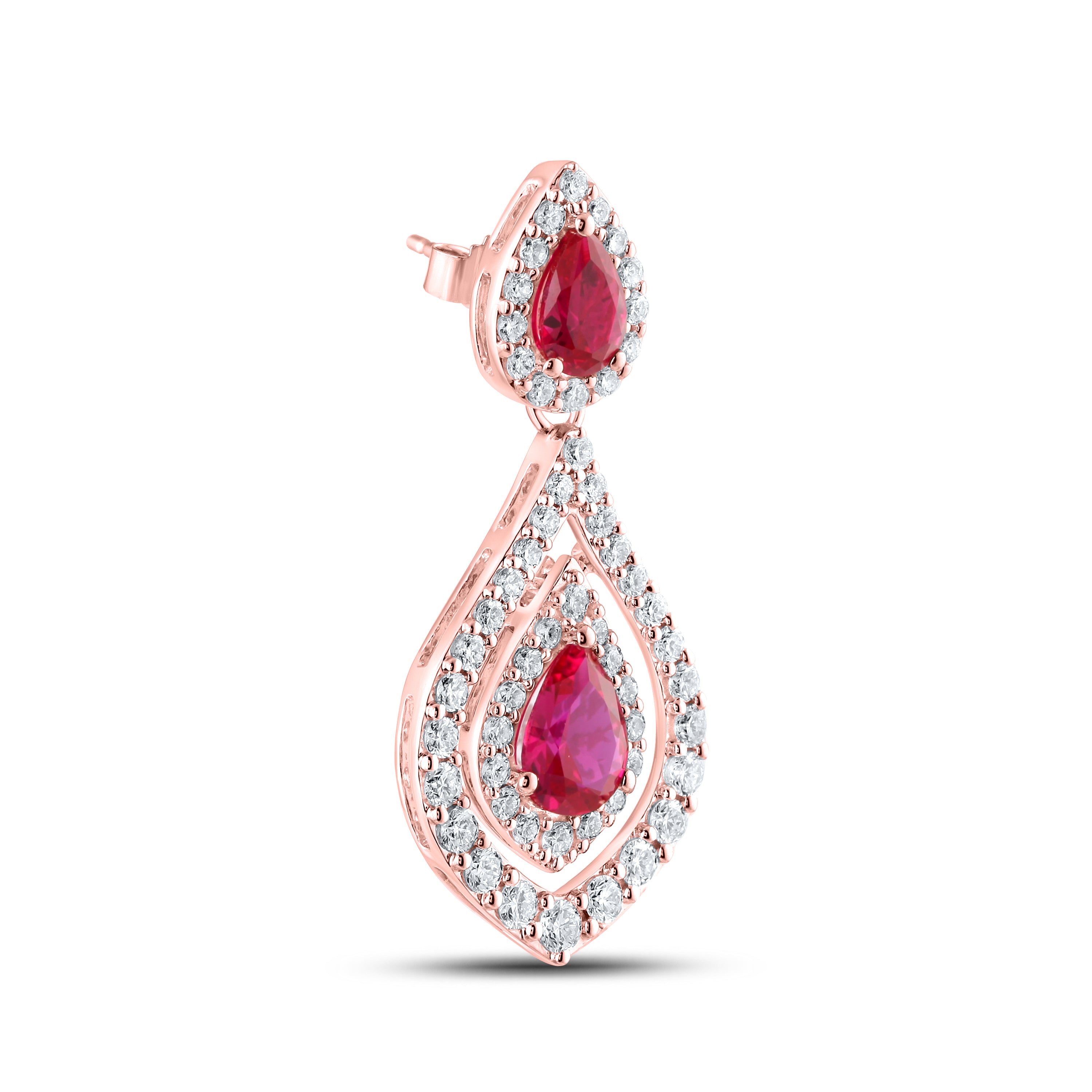 14KT ROSE GOLD LAB CREATED RUBY  1.50 CTW DIAMOND EARRINGS