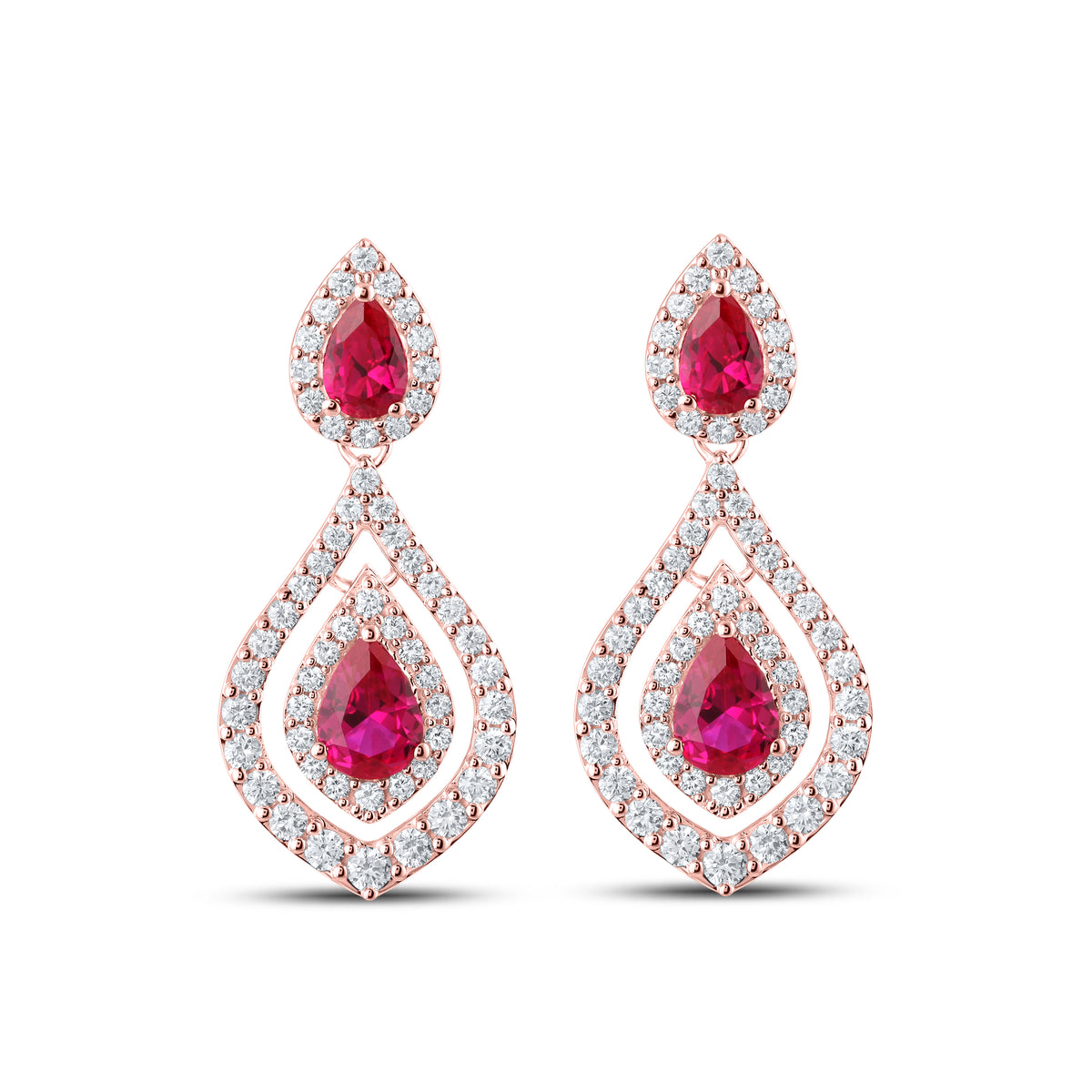 14KT ROSE GOLD LAB CREATED RUBY  1.50 CTW DIAMOND EARRINGS