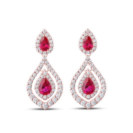 14KT ROSE GOLD LAB CREATED RUBY  1.50 CTW DIAMOND EARRINGS