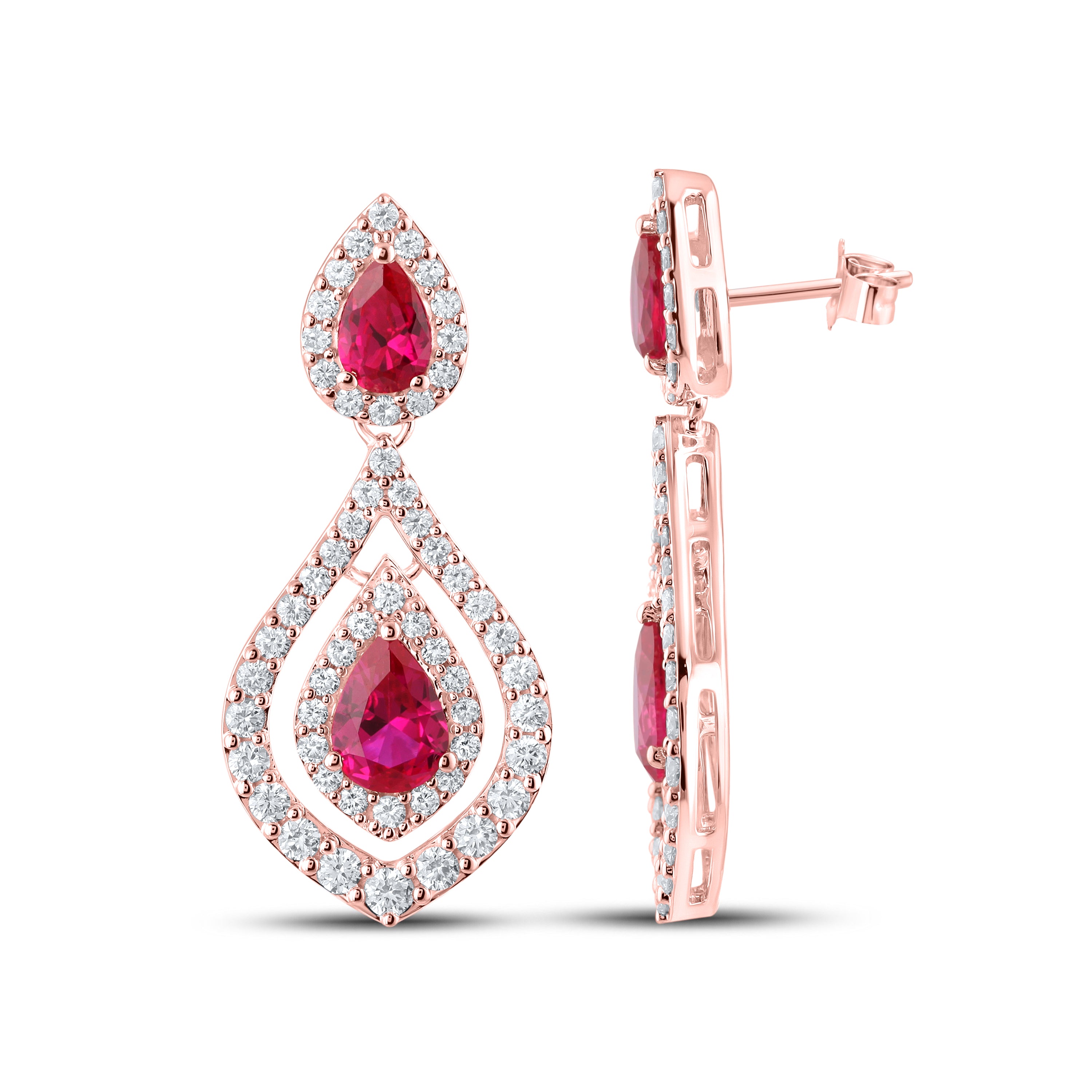 14KT ROSE GOLD LAB CREATED RUBY  1.50 CTW DIAMOND EARRINGS