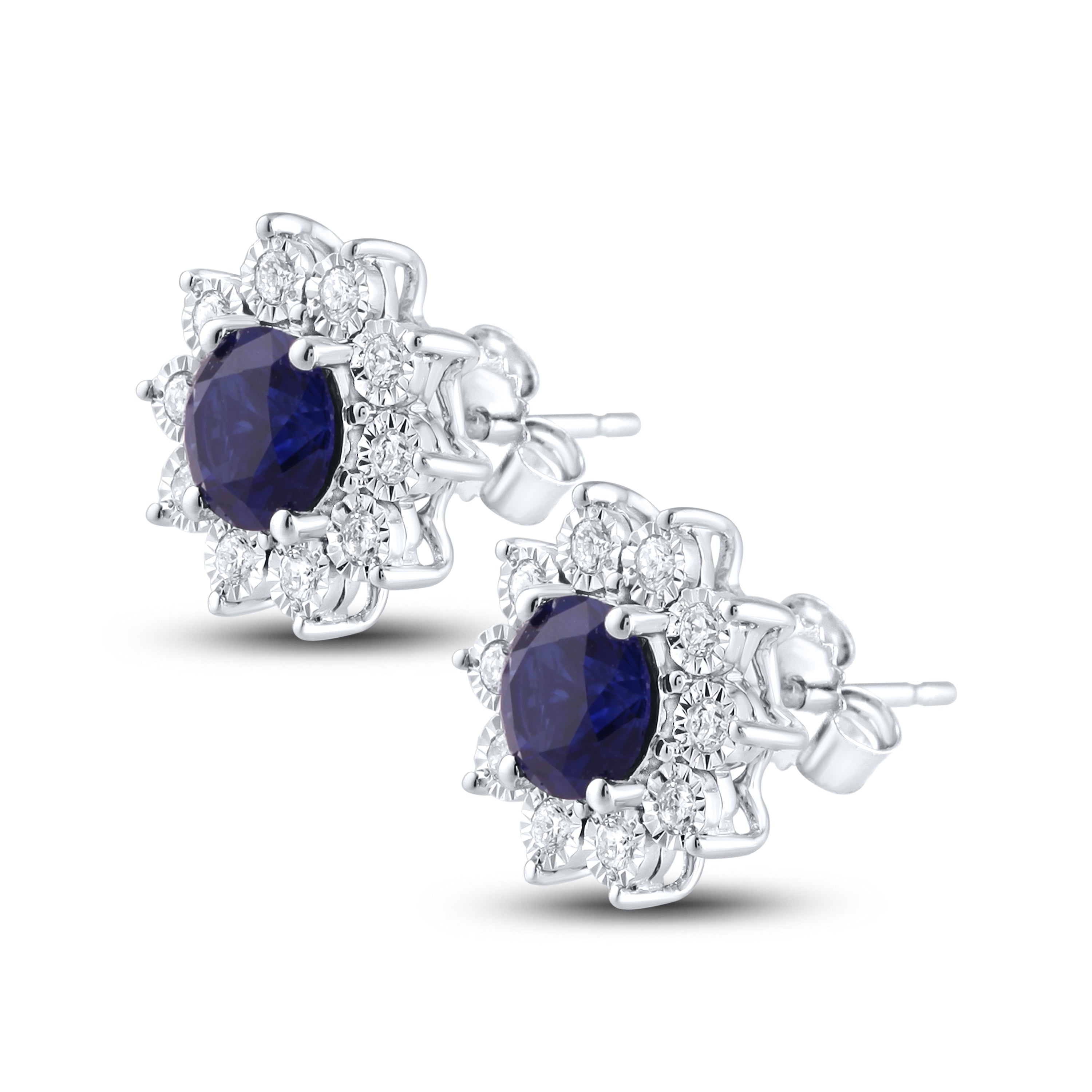 14KT WHITE GOLD LAB CREATED BLUE SAPPHIRE  0.20 CTW DIAMOND EARRINGS
