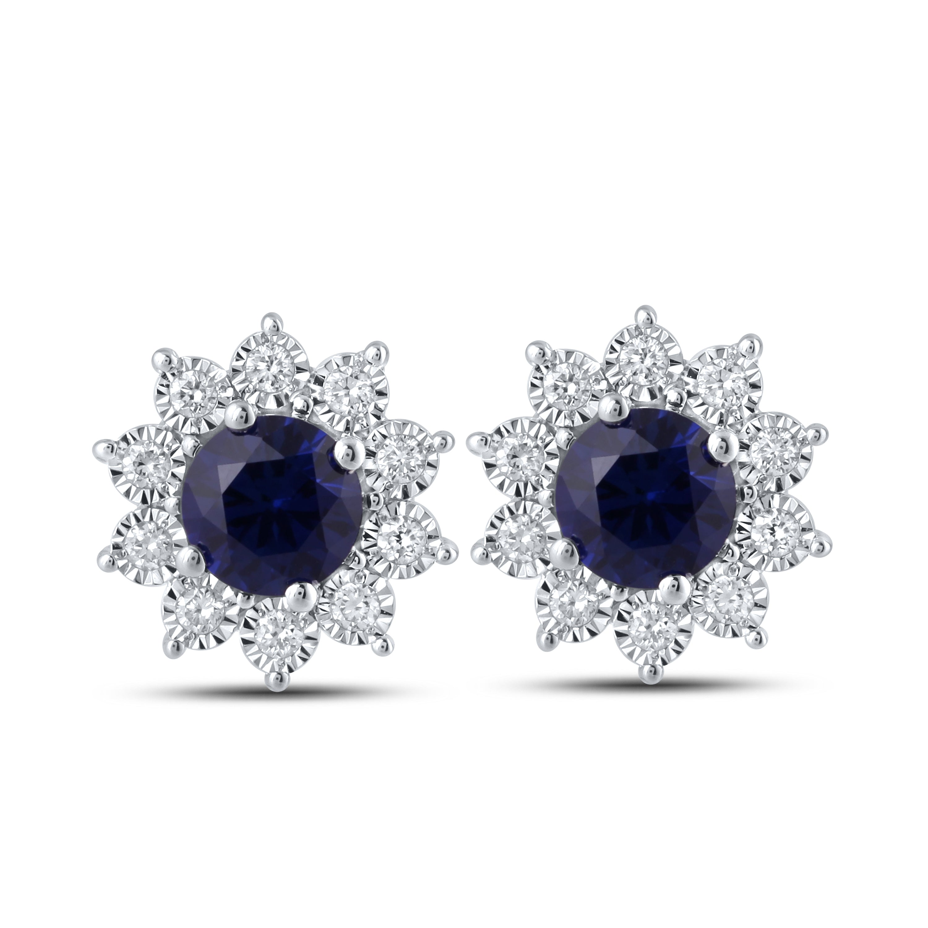 14KT WHITE GOLD LAB CREATED BLUE SAPPHIRE  0.20 CTW DIAMOND EARRINGS