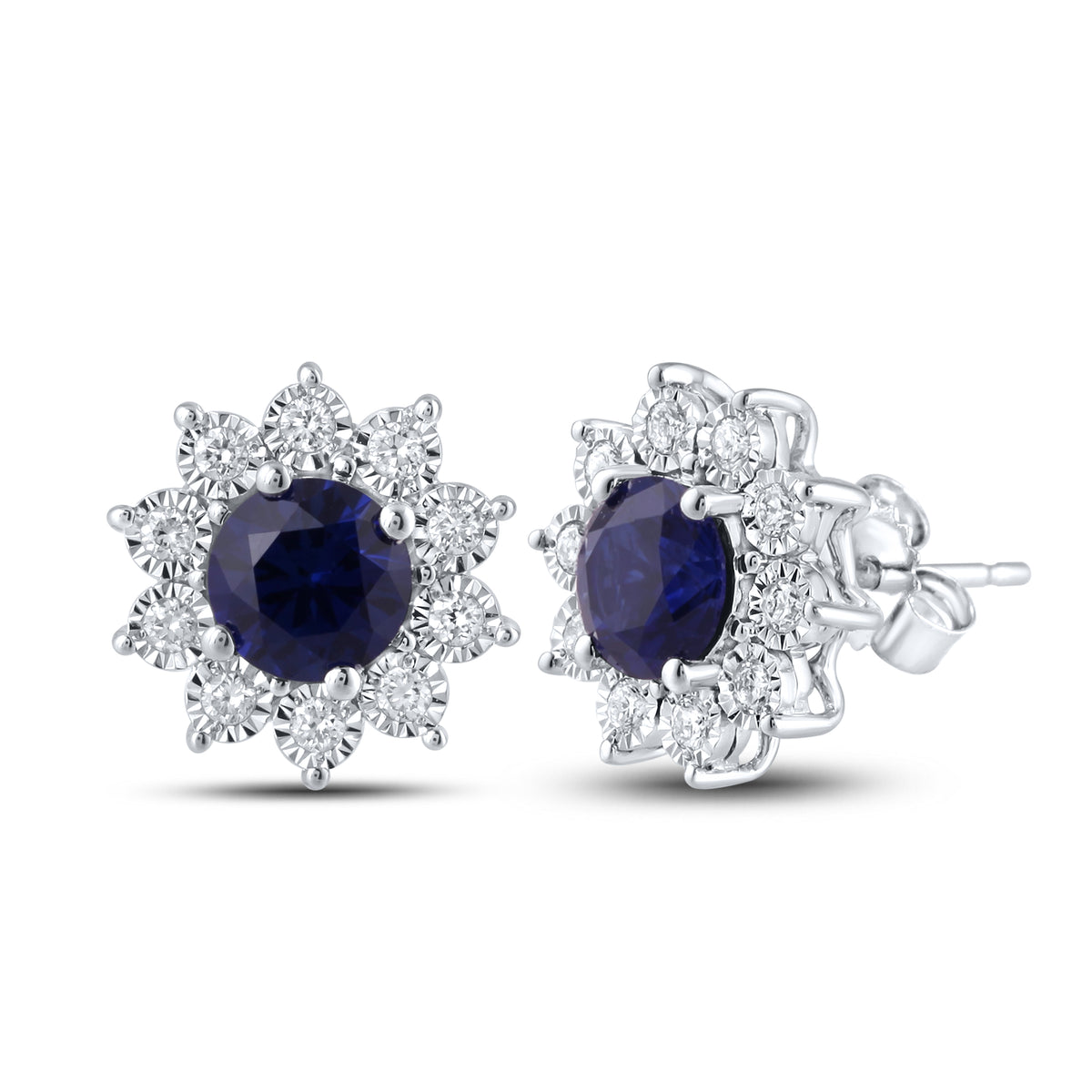 14KT WHITE GOLD LAB CREATED BLUE SAPPHIRE  0.20 CTW DIAMOND EARRINGS