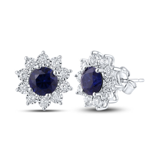 14KT WHITE GOLD LAB CREATED BLUE SAPPHIRE  0.20 CTW DIAMOND EARRINGS