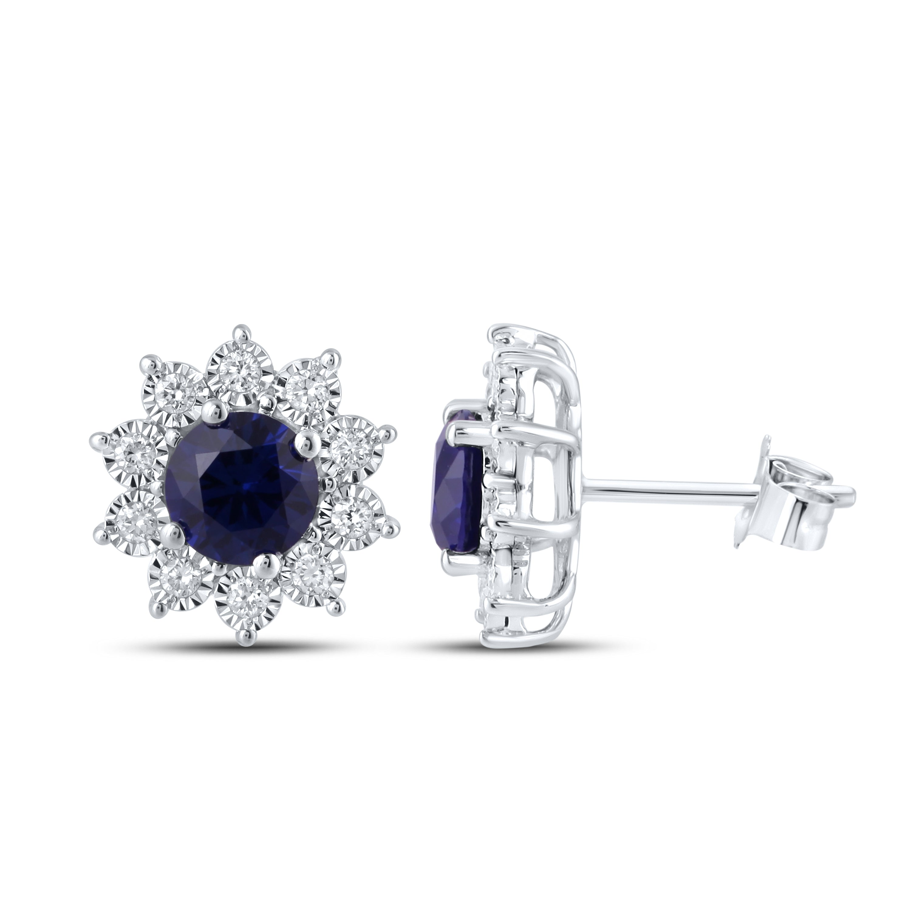 14KT WHITE GOLD LAB CREATED BLUE SAPPHIRE  0.20 CTW DIAMOND EARRINGS