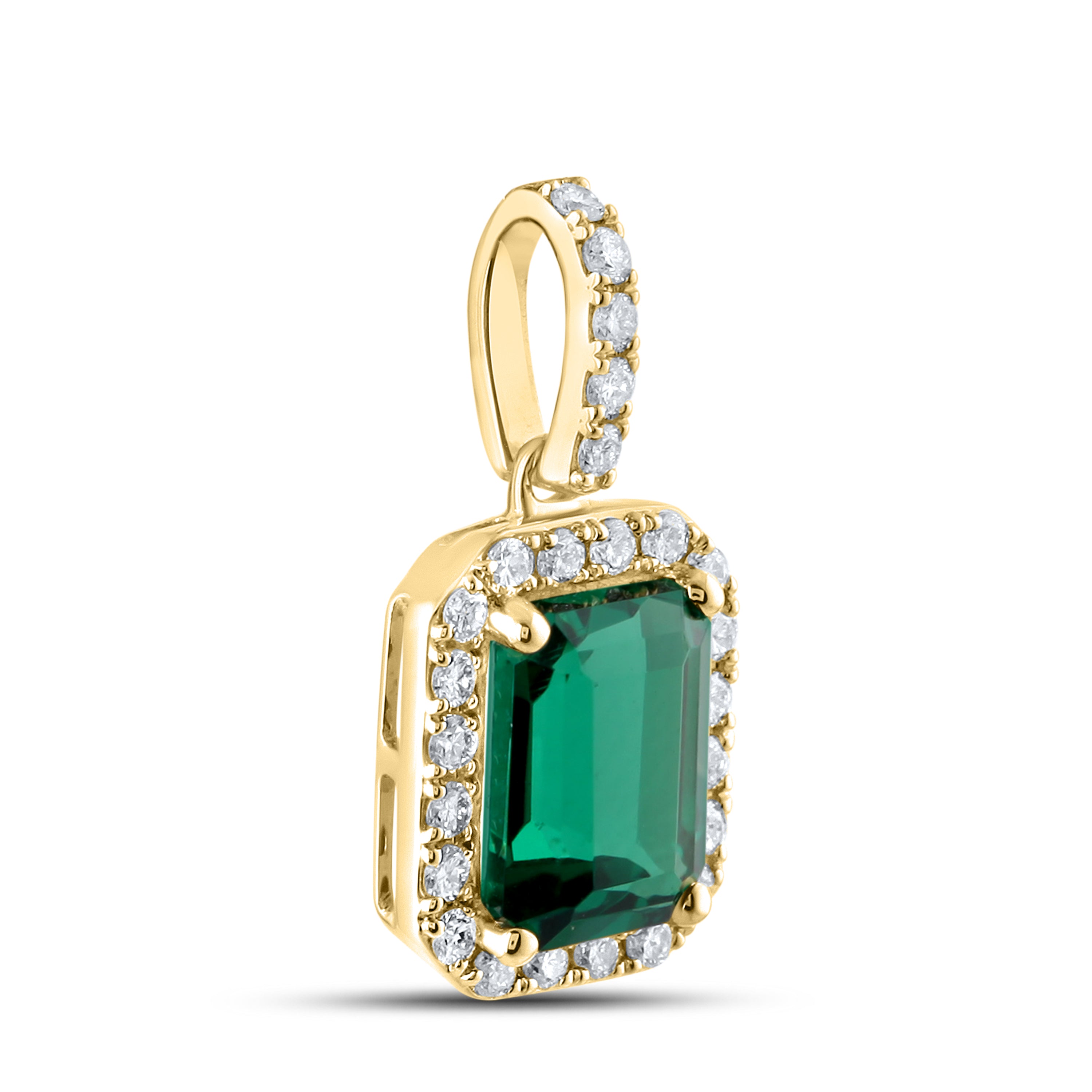14KT YELLOW GOLD LAB CREATED EMERALD  0.25 CTW DIAMOND PENDANT