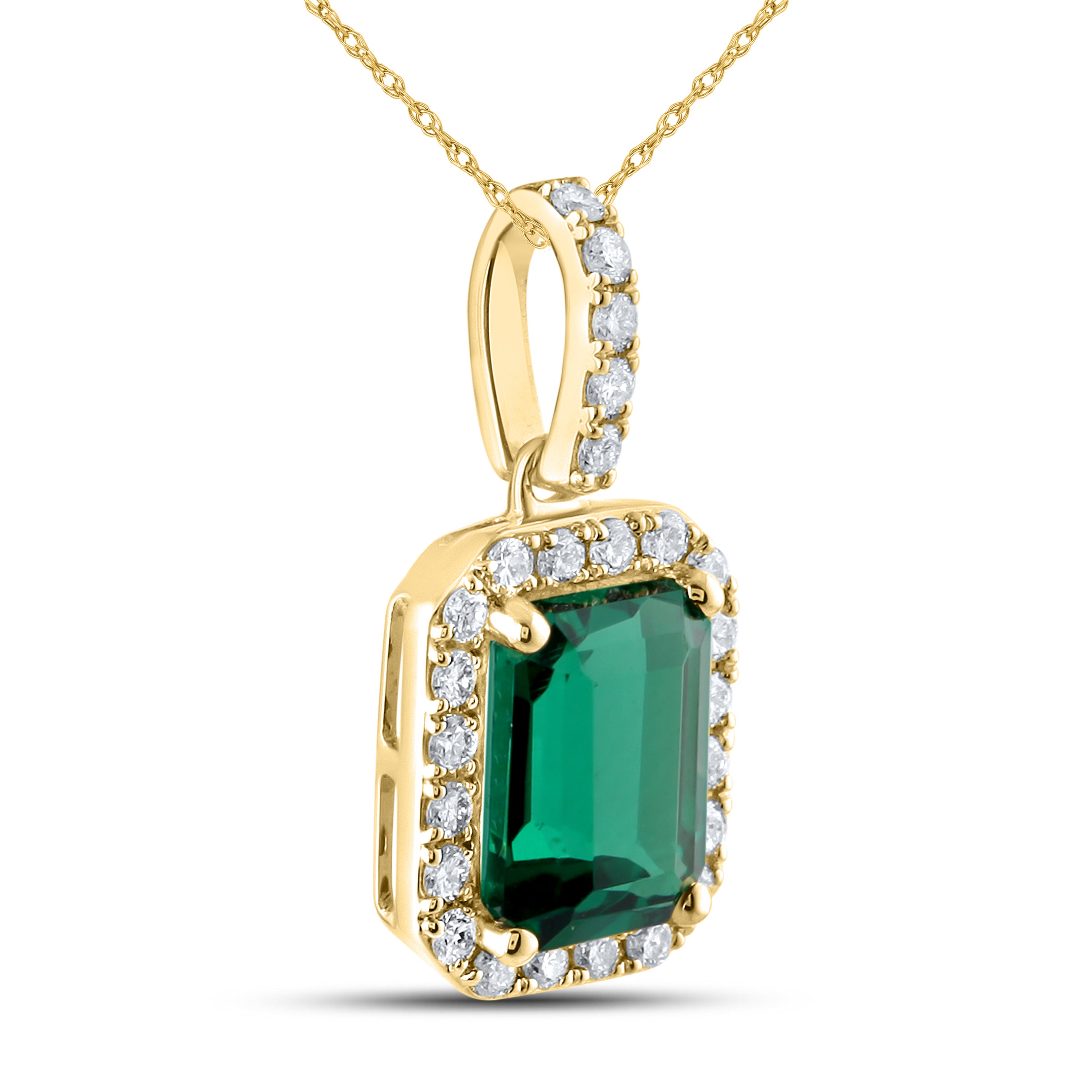 14KT YELLOW GOLD LAB CREATED EMERALD  0.25 CTW DIAMOND PENDANT