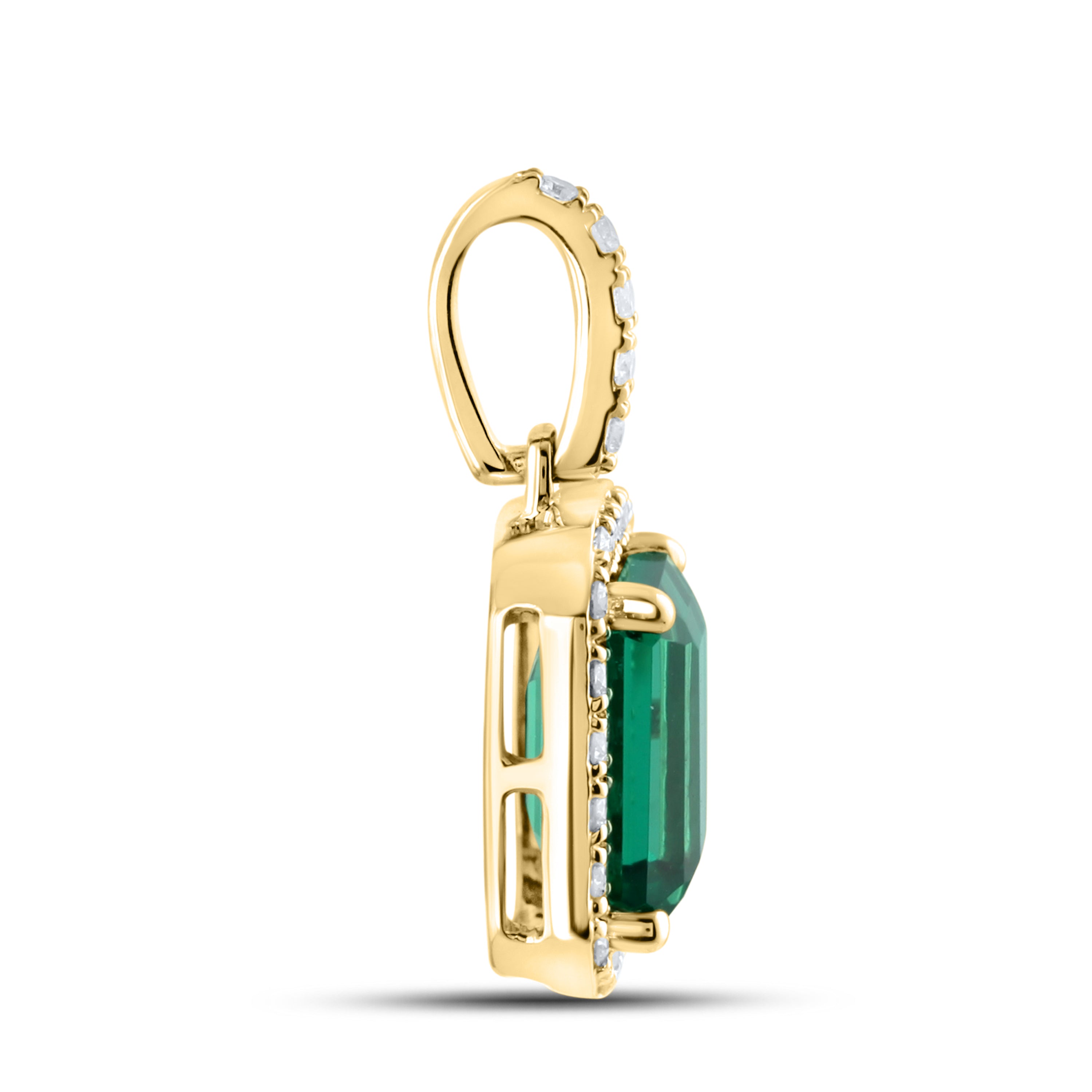 14KT YELLOW GOLD LAB CREATED EMERALD  0.25 CTW DIAMOND PENDANT