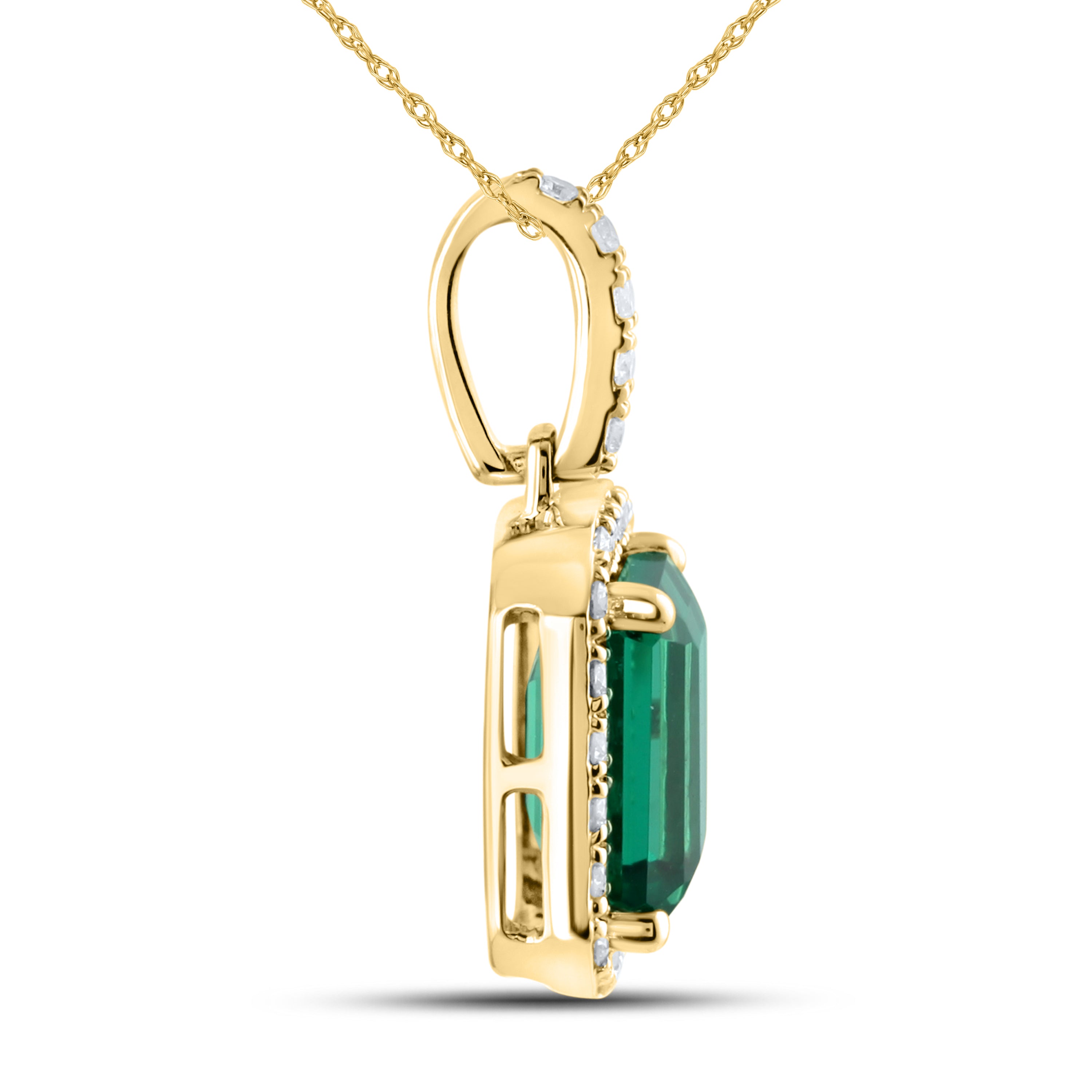 14KT YELLOW GOLD LAB CREATED EMERALD  0.25 CTW DIAMOND PENDANT