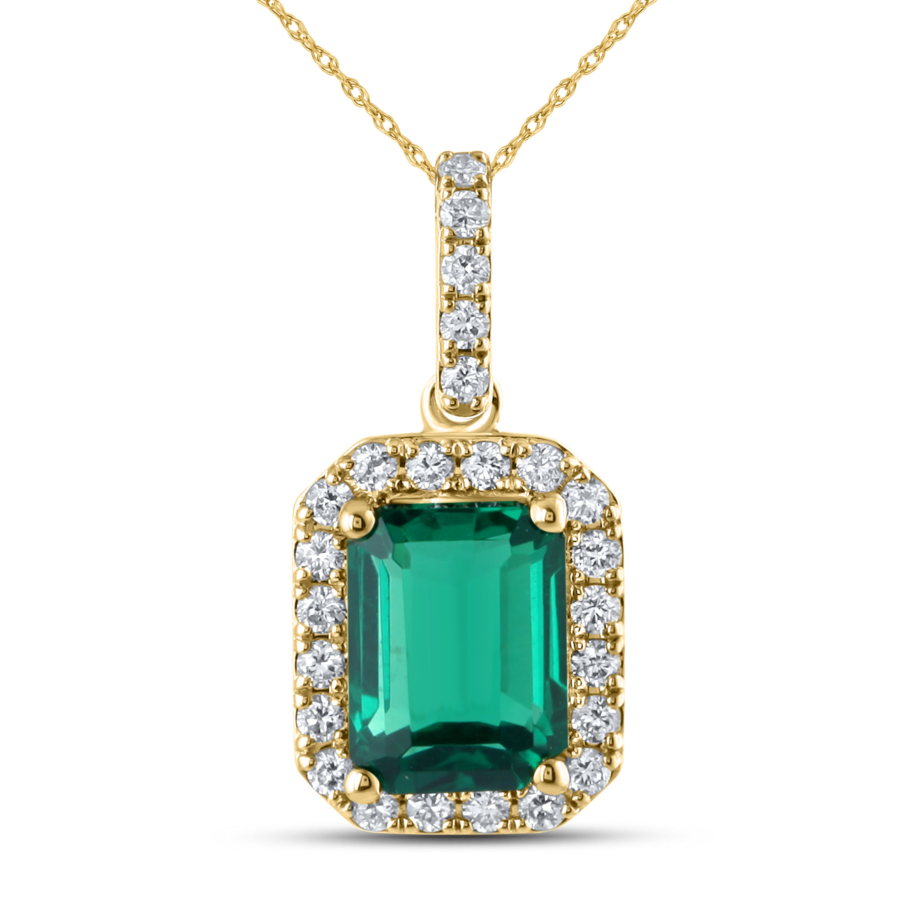 14KT YELLOW GOLD LAB CREATED EMERALD  0.25 CTW DIAMOND PENDANT