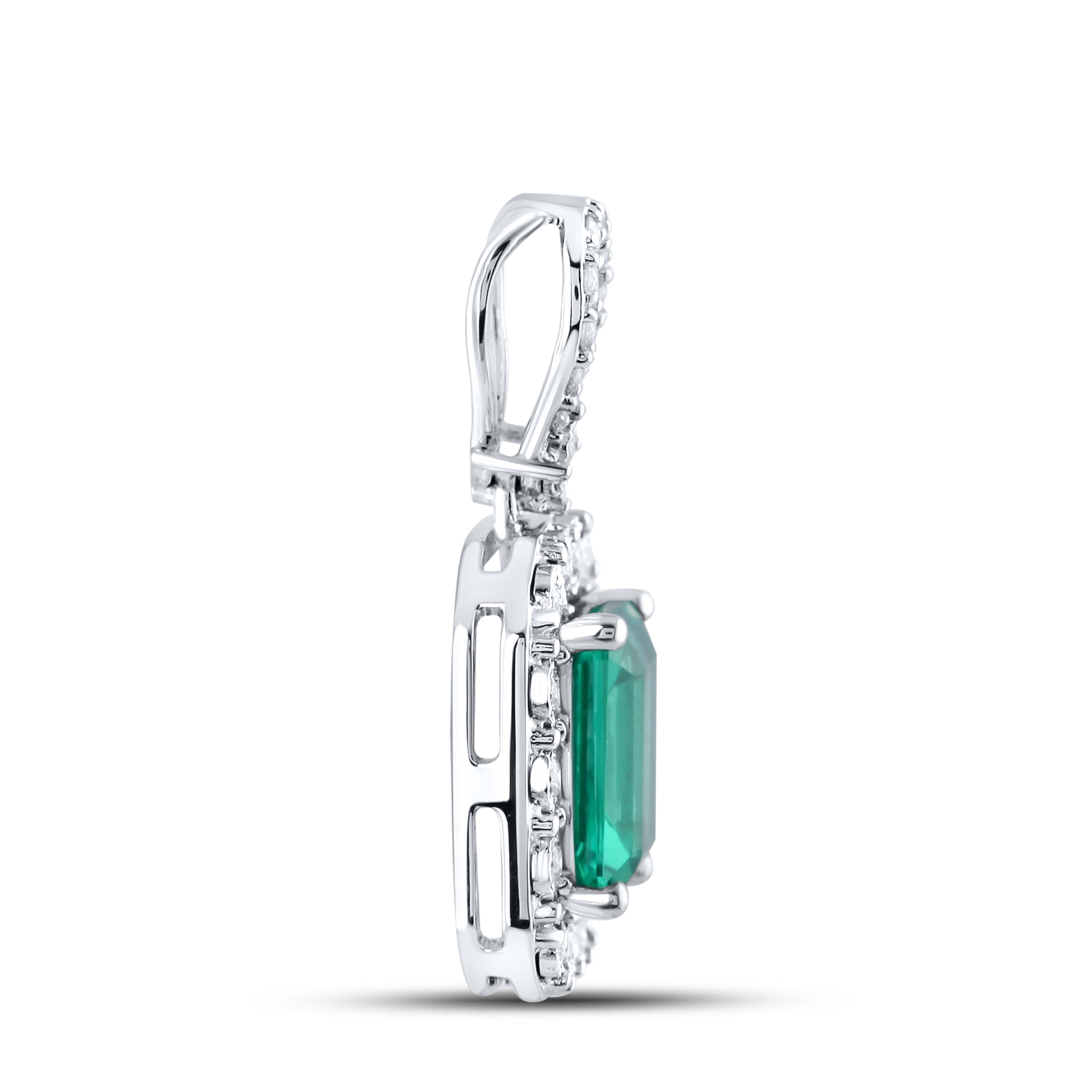 14KT WHITE GOLD LAB CREATED EMERALD  0.25 CTW DIAMOND PENDANT