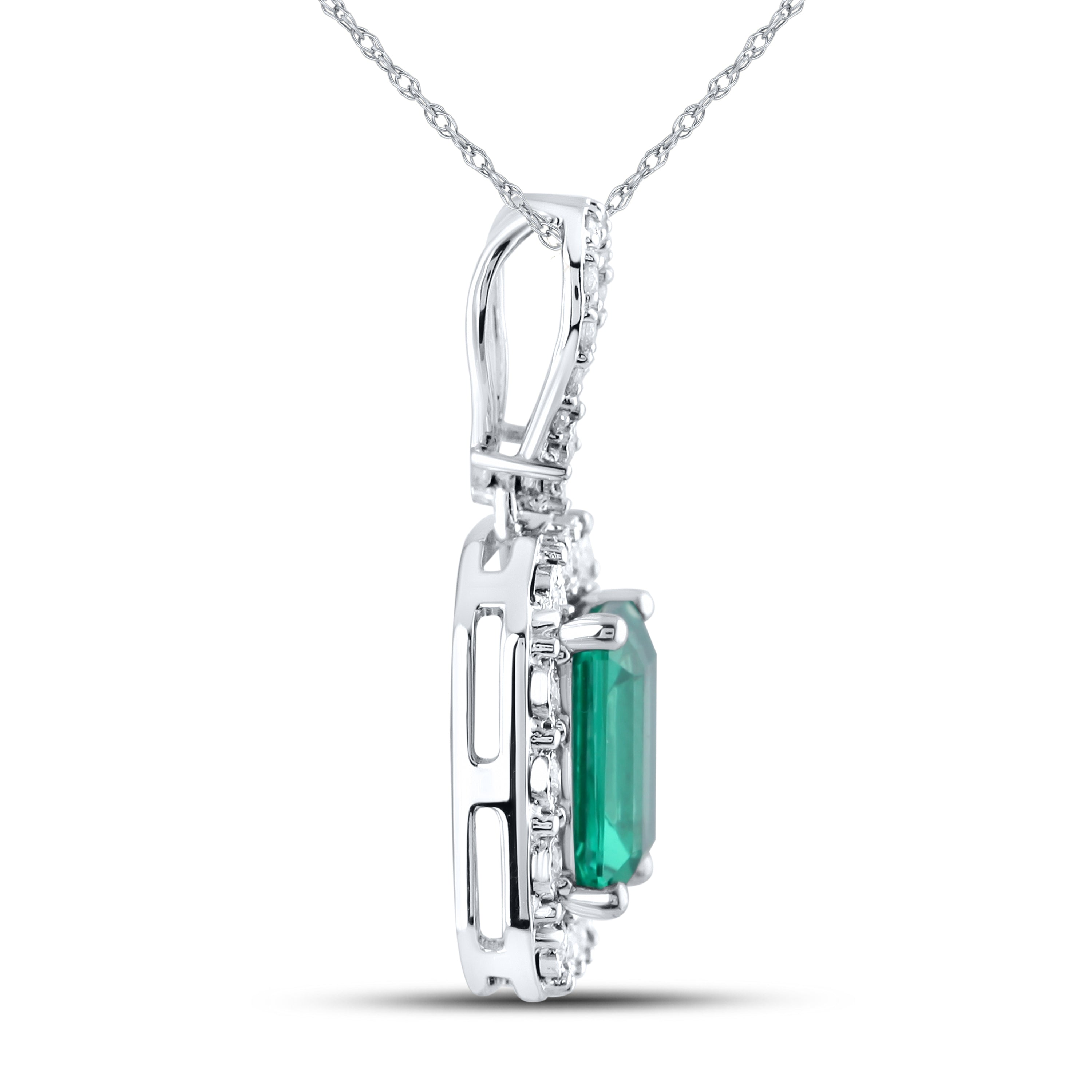 14KT WHITE GOLD LAB CREATED EMERALD  0.25 CTW DIAMOND PENDANT