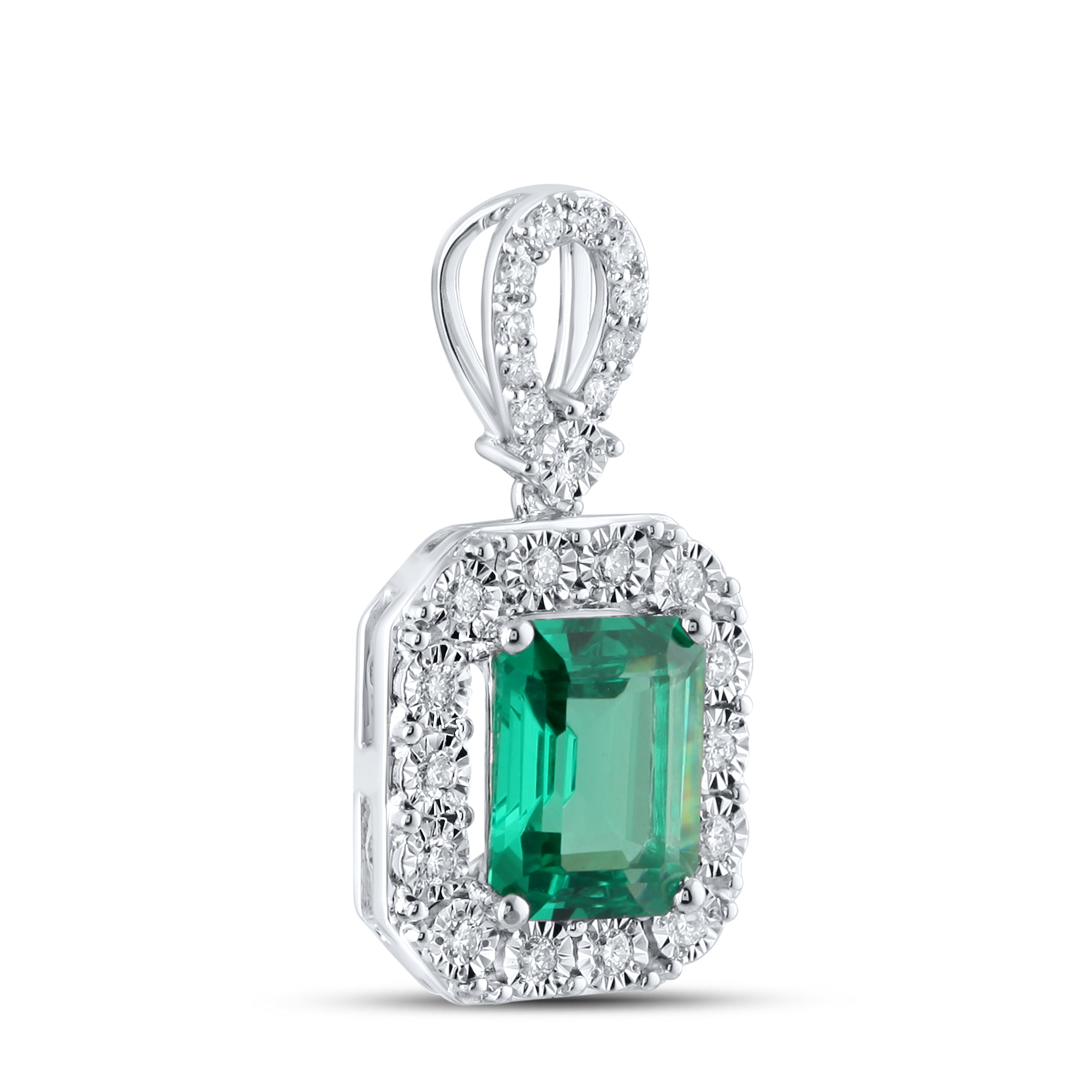 14KT WHITE GOLD LAB CREATED EMERALD  0.25 CTW DIAMOND PENDANT
