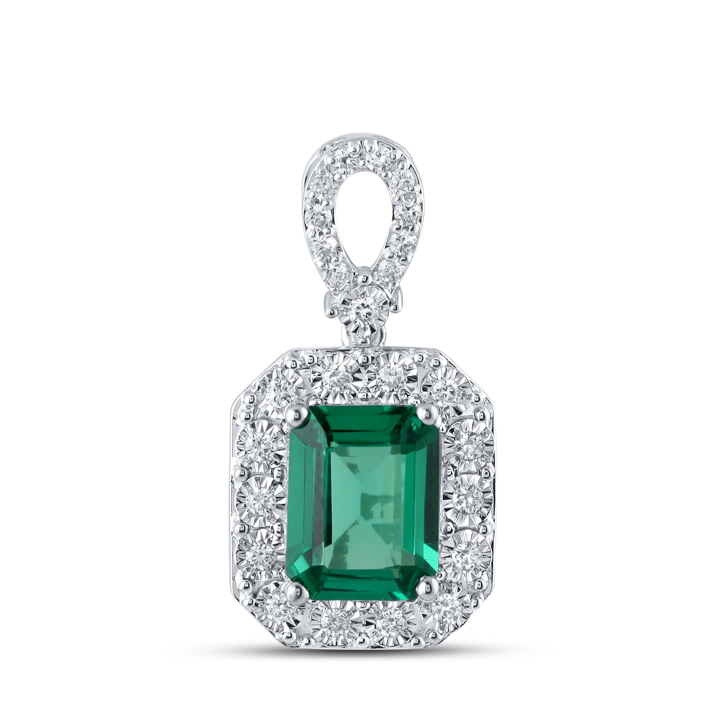 14KT WHITE GOLD LAB CREATED EMERALD  0.25 CTW DIAMOND PENDANT