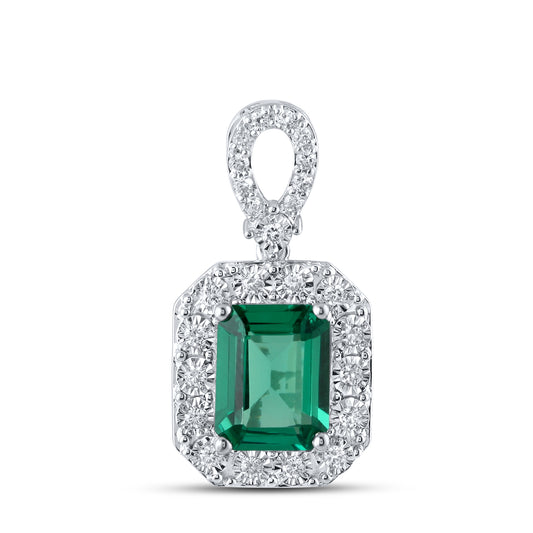 14KT WHITE GOLD LAB CREATED EMERALD  0.25 CTW DIAMOND PENDANT