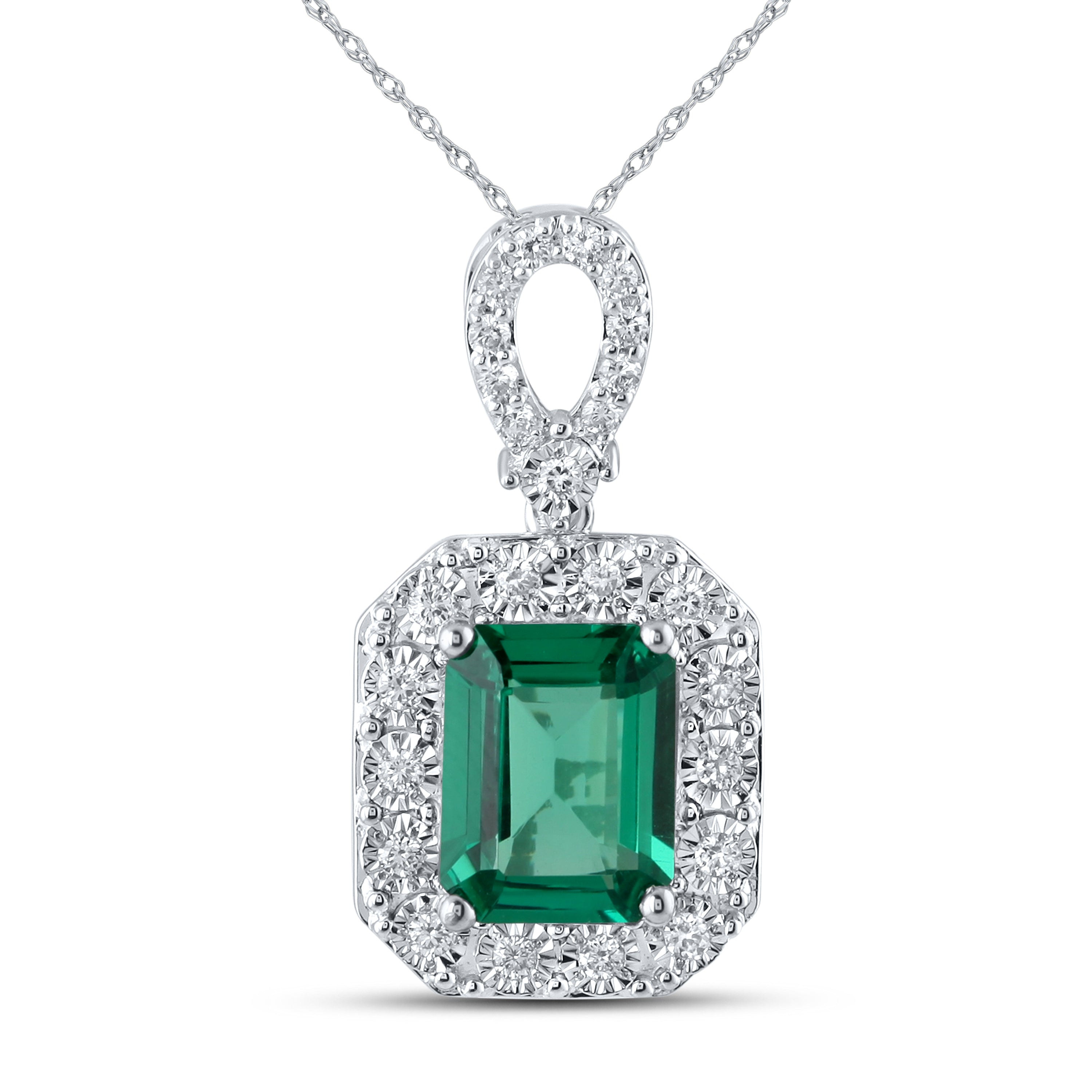 14KT WHITE GOLD LAB CREATED EMERALD  0.25 CTW DIAMOND PENDANT
