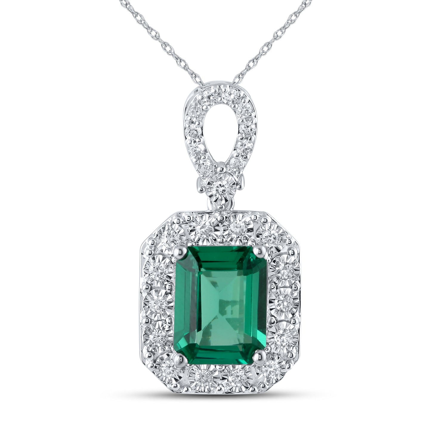 14KT WHITE GOLD LAB CREATED EMERALD  0.25 CTW DIAMOND PENDANT