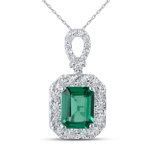 14KT WHITE GOLD LAB CREATED EMERALD  0.25 CTW DIAMOND PENDANT