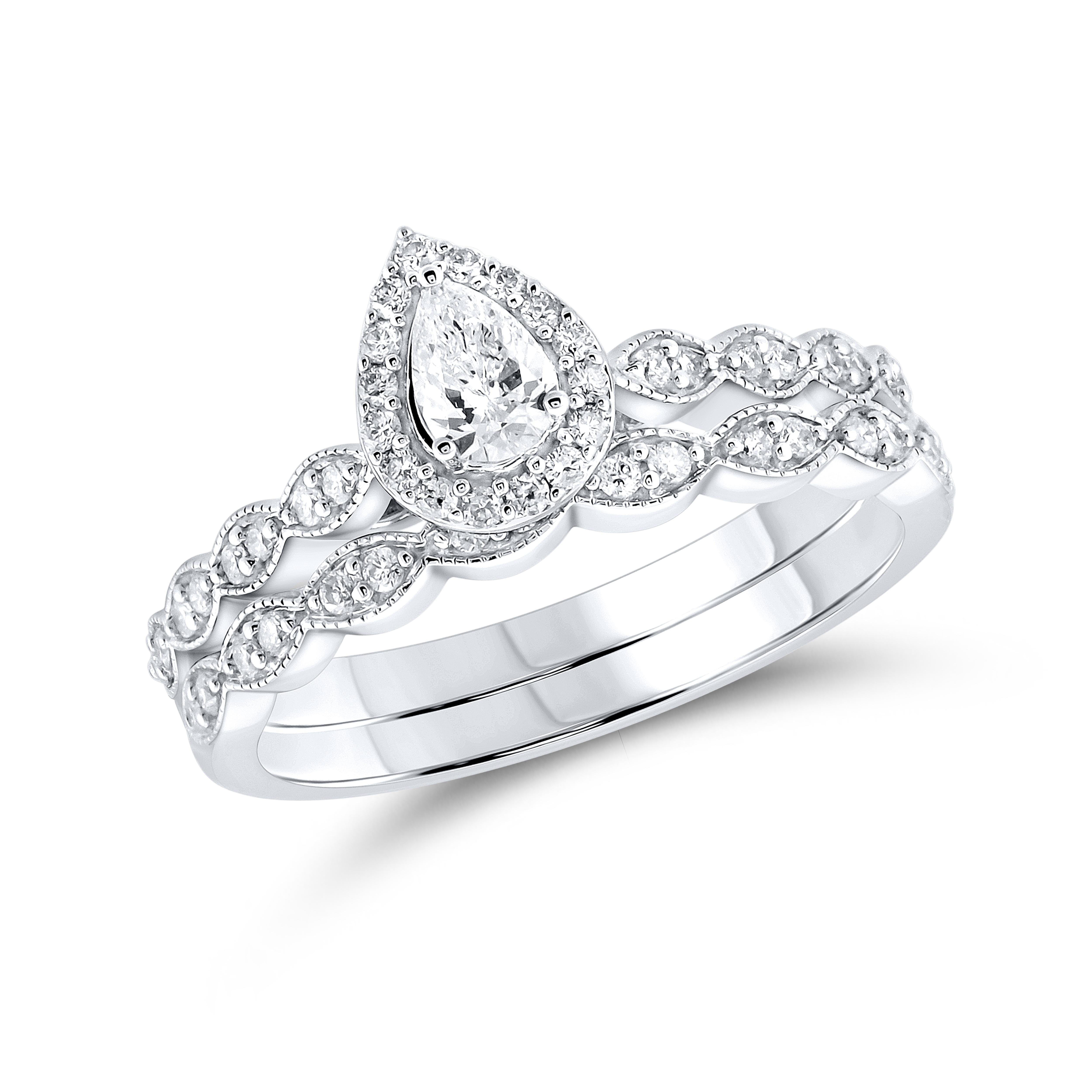 14k White Gold 0.52 CTW Natural Diamond Pear Shape Bridal Ring set