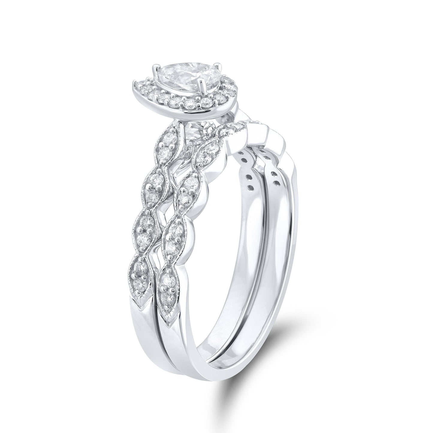 14k White Gold 0.52 CTW Natural Diamond Pear Shape Bridal Ring set