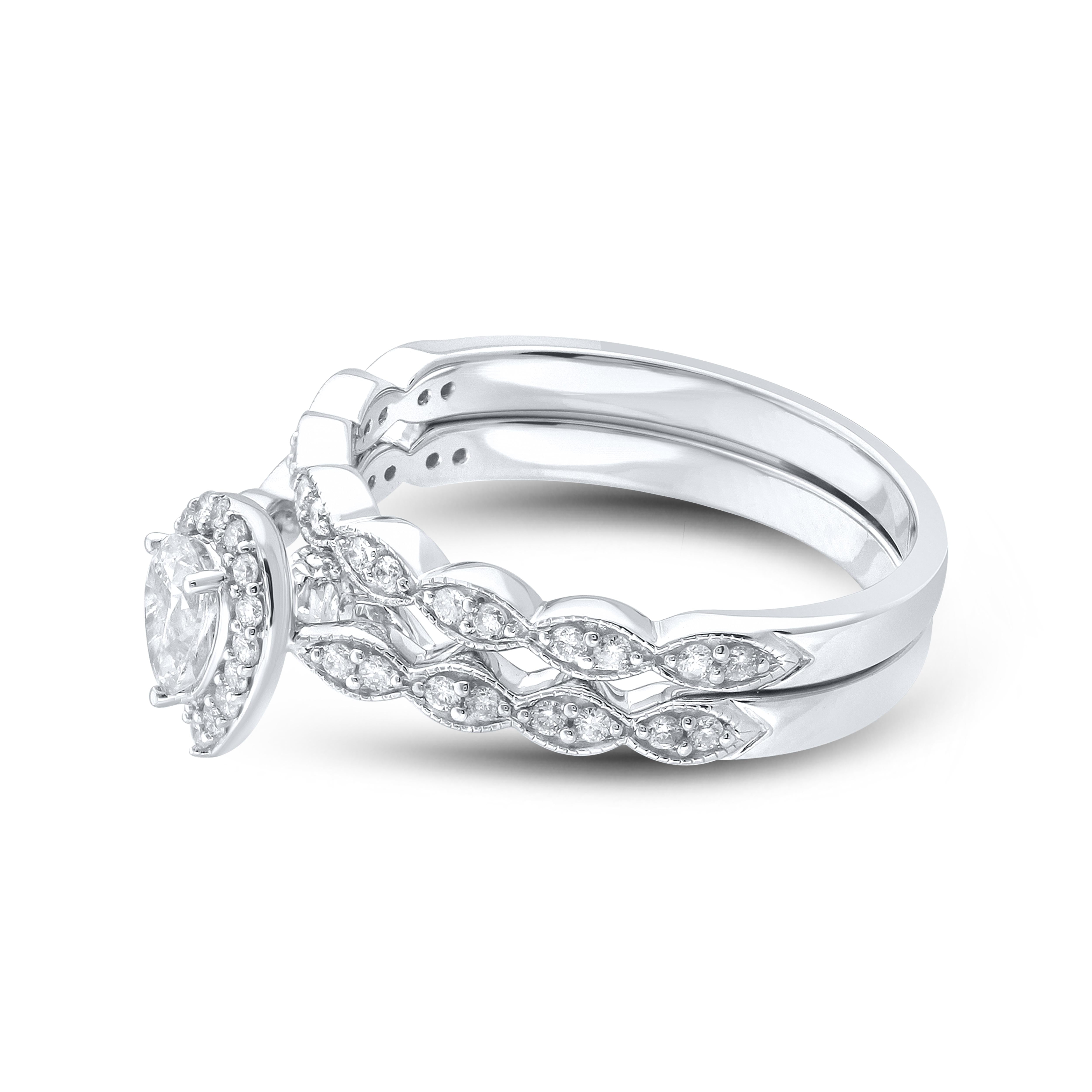 14k White Gold 0.52 CTW Natural Diamond Pear Shape Bridal Ring set