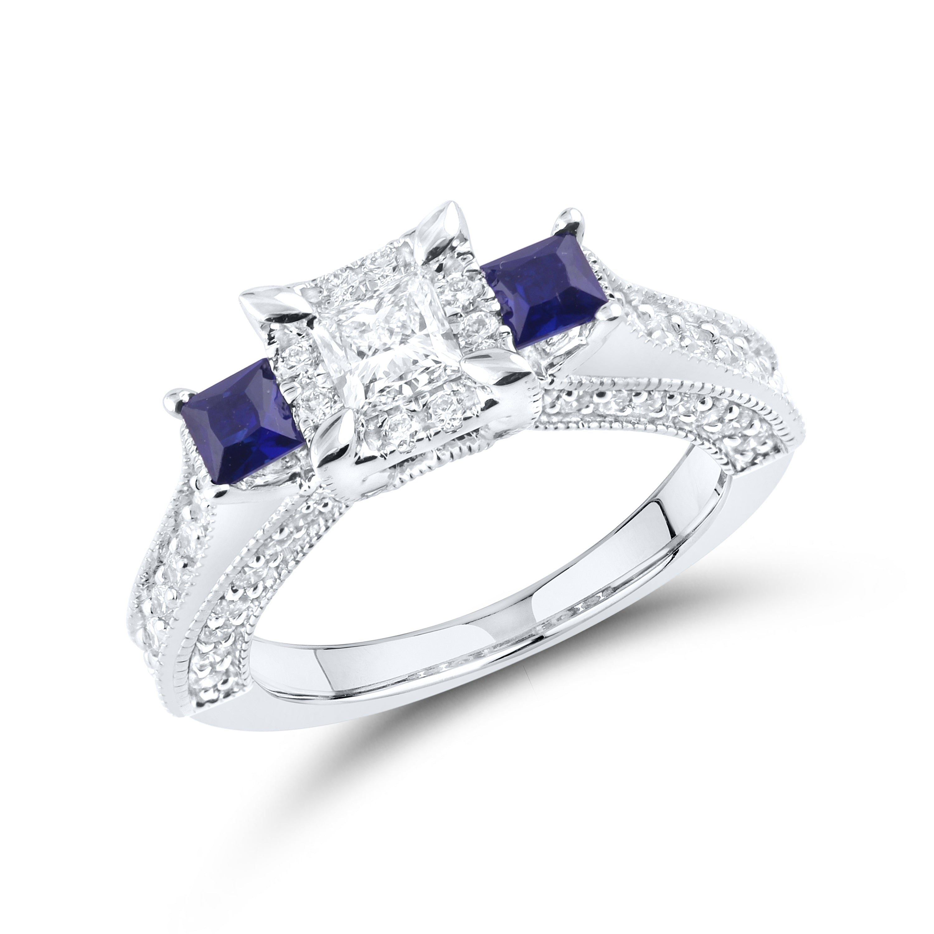 14kt White Gold 1.00 CTW Lab Diamond and 0.42 CTW Blue sapphire Bridal Ring