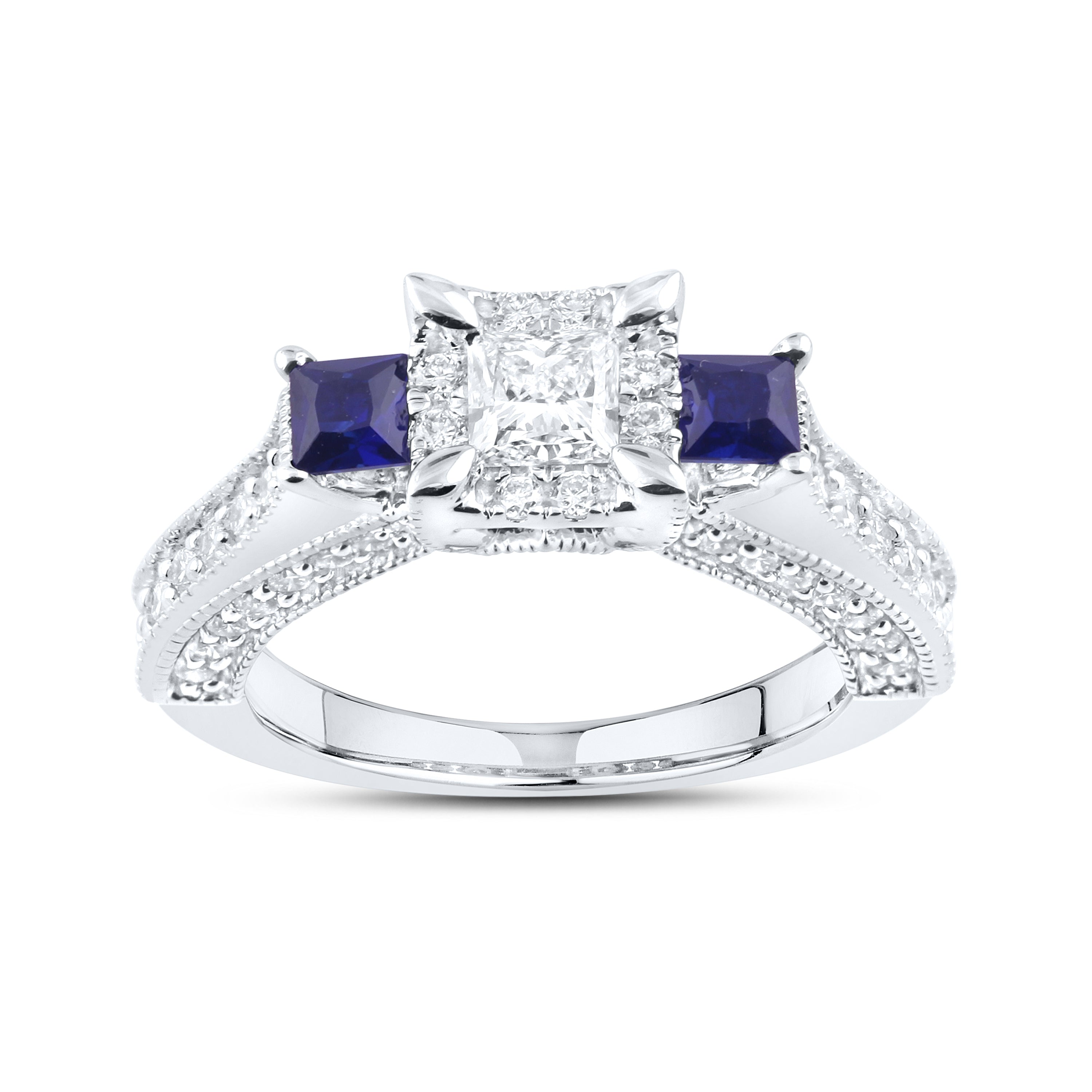 14kt White Gold 1.00 CTW Lab Diamond and 0.42 CTW Blue sapphire Bridal Ring