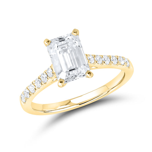 14KT YELLOW GOLD 2 CTW LAB DIAMOND EMERALD CUT RING