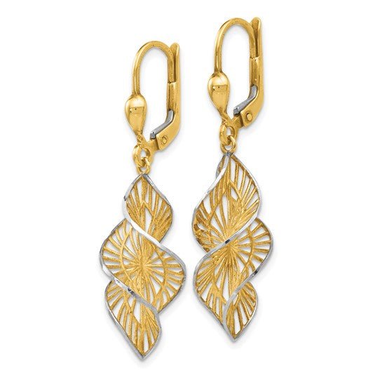14kt Yellow Gold w/White Rhodium Textured and D/C Leverback Earrings