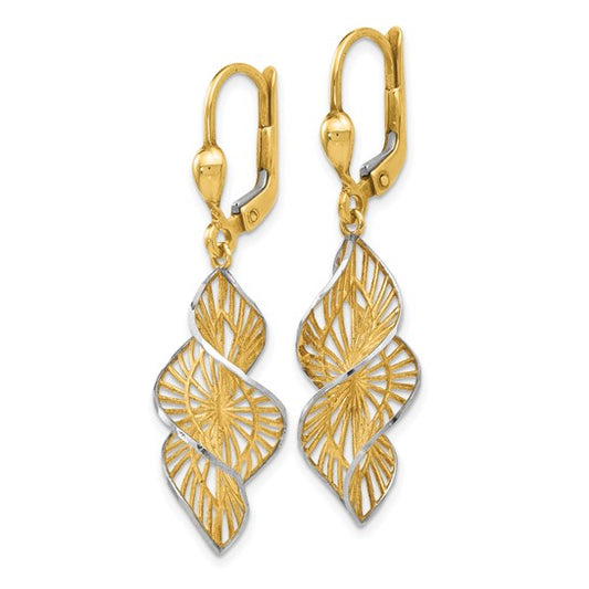 14kt Yellow Gold w/White Rhodium Textured and D/C Leverback Earrings