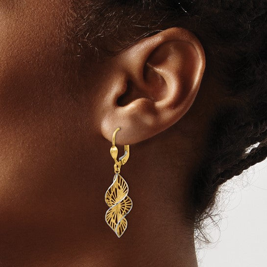 14kt Yellow Gold w/White Rhodium Textured and D/C Leverback Earrings