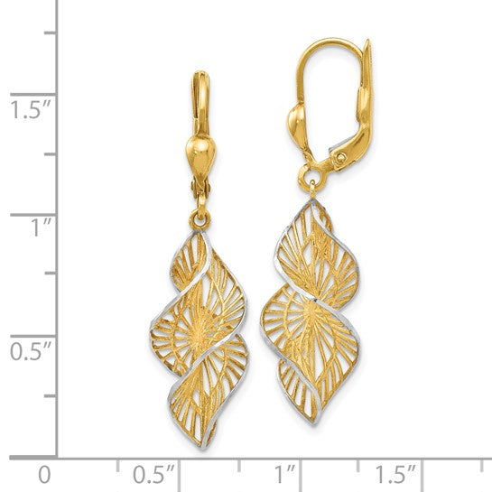 14kt Yellow Gold w/White Rhodium Textured and D/C Leverback Earrings