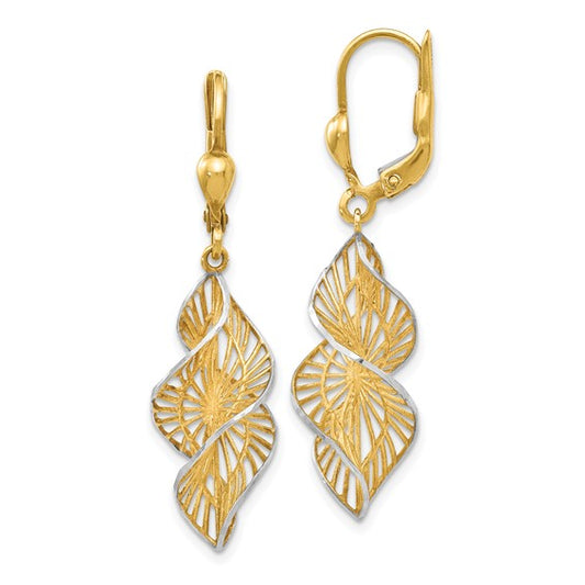 14kt Yellow Gold w/White Rhodium Textured and D/C Leverback Earrings