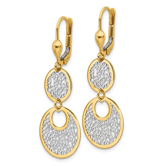 14KT Yellow Gold w/White Rhodium Polished and Textured Leverback Earrings