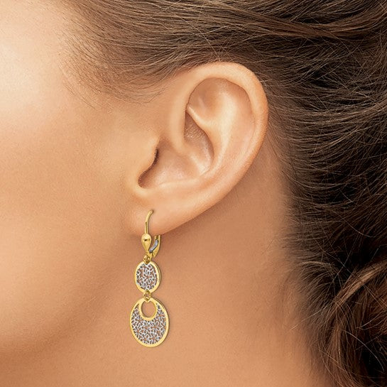 14KT Yellow Gold w/White Rhodium Polished and Textured Leverback Earrings