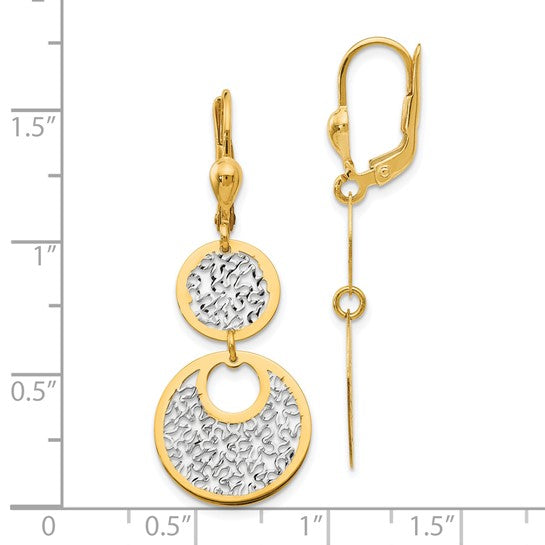 14KT Yellow Gold w/White Rhodium Polished and Textured Leverback Earrings