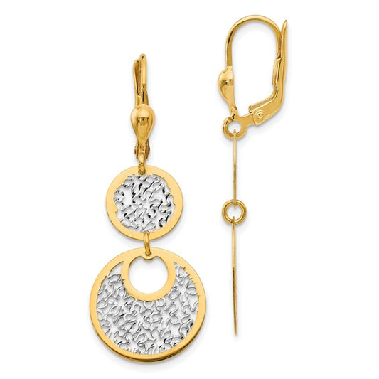 14KT Yellow Gold w/White Rhodium Polished and Textured Leverback Earrings