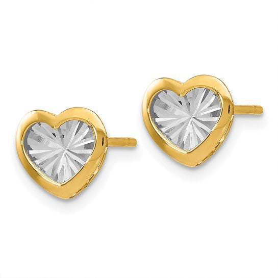 14KT Yellow Gold w/White Rhodium Polished and D/C Heart Post Earrings