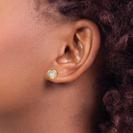 14KT Yellow Gold w/White Rhodium Polished and D/C Heart Post Earrings