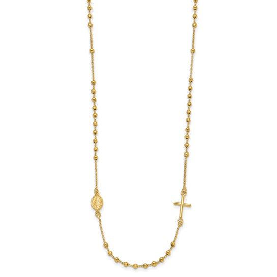 14kt Yellow Gold Polished Sideways Cross Beaded Rosary Style 16.5 inch Necklace