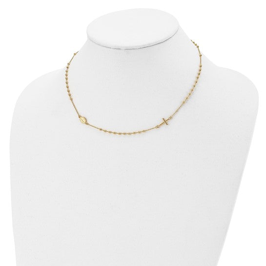 14kt Yellow Gold Polished Sideways Cross Beaded Rosary Style 16.5 inch Necklace