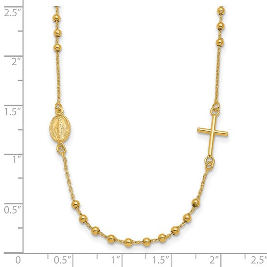 14kt Yellow Gold Polished Sideways Cross Beaded Rosary Style 16.5 inch Necklace