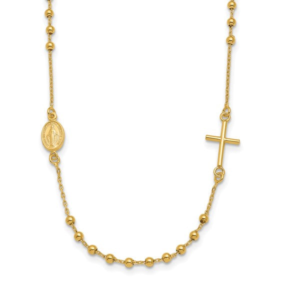 14kt Yellow Gold Polished Sideways Cross Beaded Rosary Style 16.5 inch Necklace
