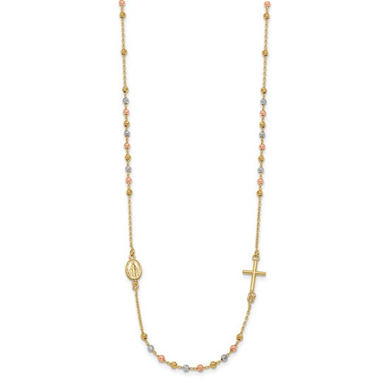 14KT Tri-color Sideways Cross Beaded Rosary Style 18 inch Necklace