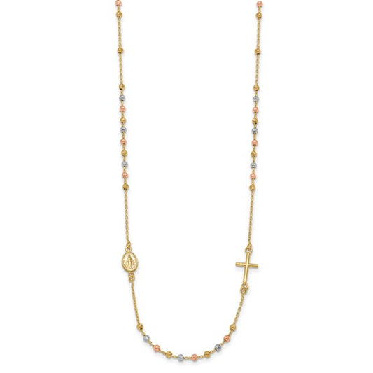 14KT Tri-color Sideways Cross Beaded Rosary Style 18 inch Necklace