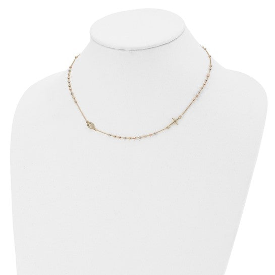 14KT Tri-color Sideways Cross Beaded Rosary Style 18 inch Necklace