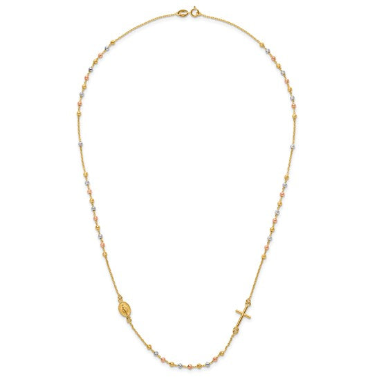 14KT Tri-color Sideways Cross Beaded Rosary Style 18 inch Necklace