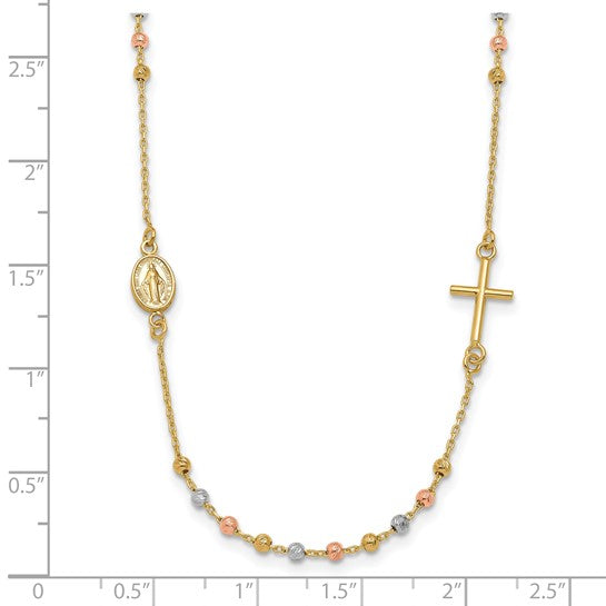 14KT Tri-color Sideways Cross Beaded Rosary Style 18 inch Necklace