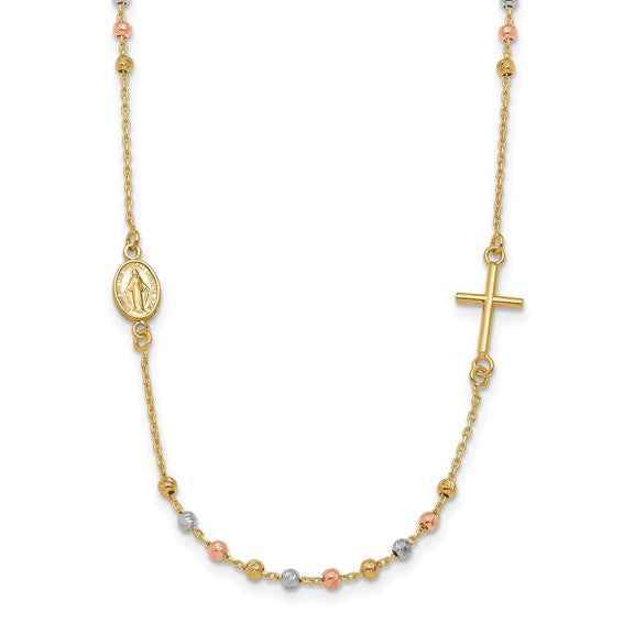 14KT Tri-color Sideways Cross Beaded Rosary Style 18 inch Necklace