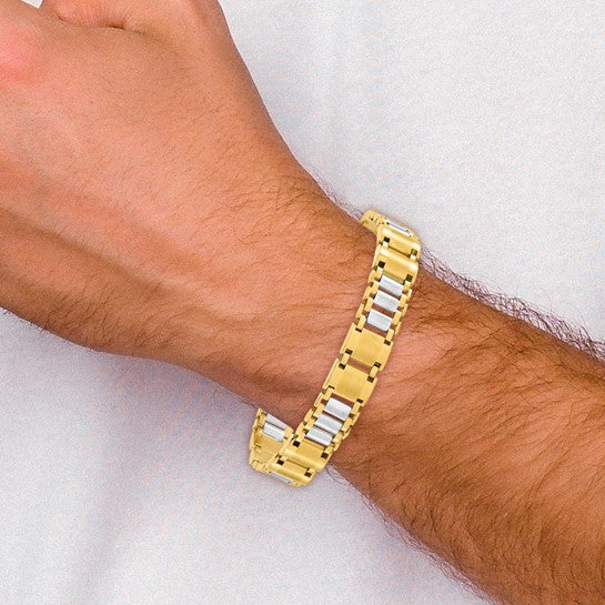 14KT Two-tone Polished and Brushed Fancy Link Men's Bracelet